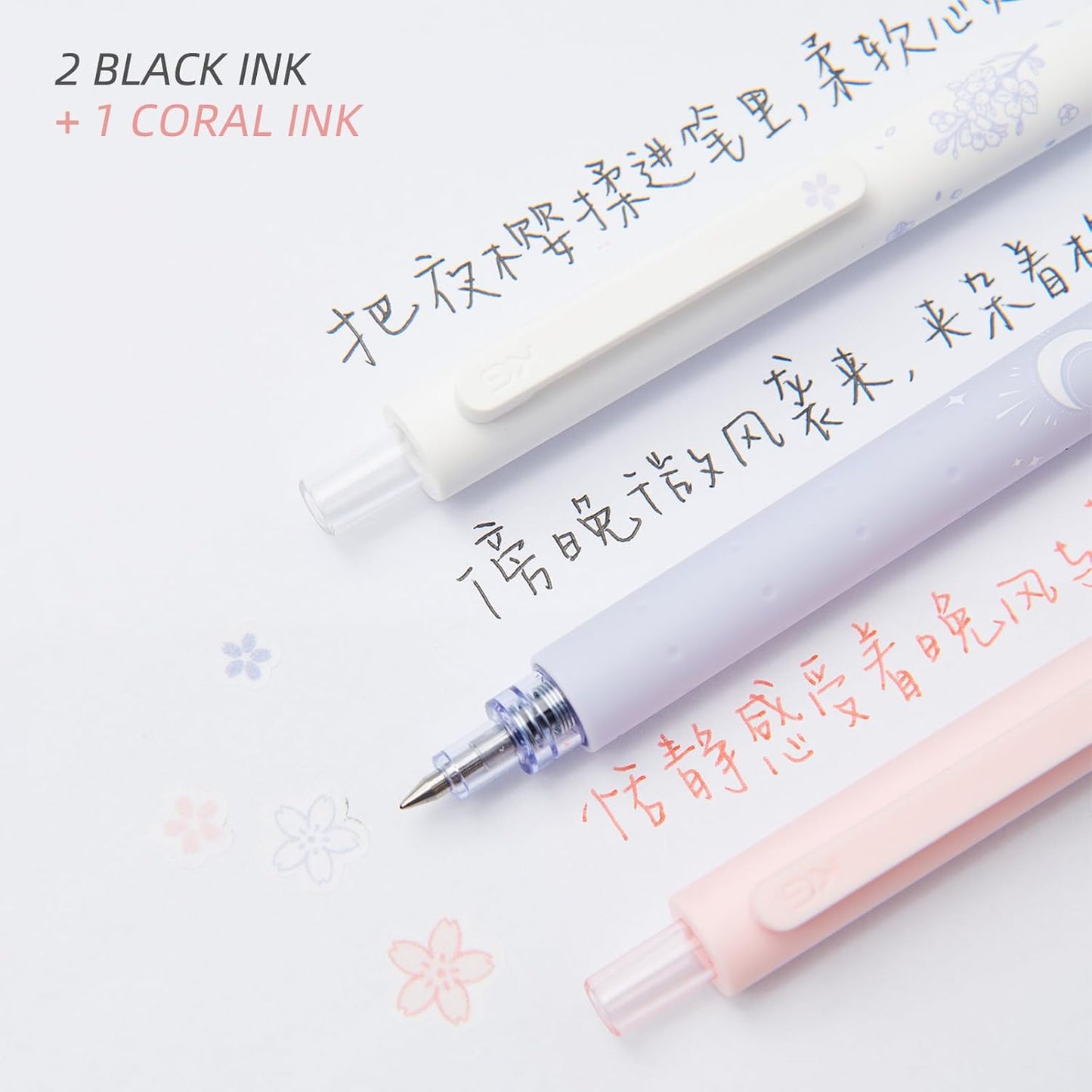 Mystic Gel Pens Set -  0.5mm Fine Point (2 Black & 1 Coral)